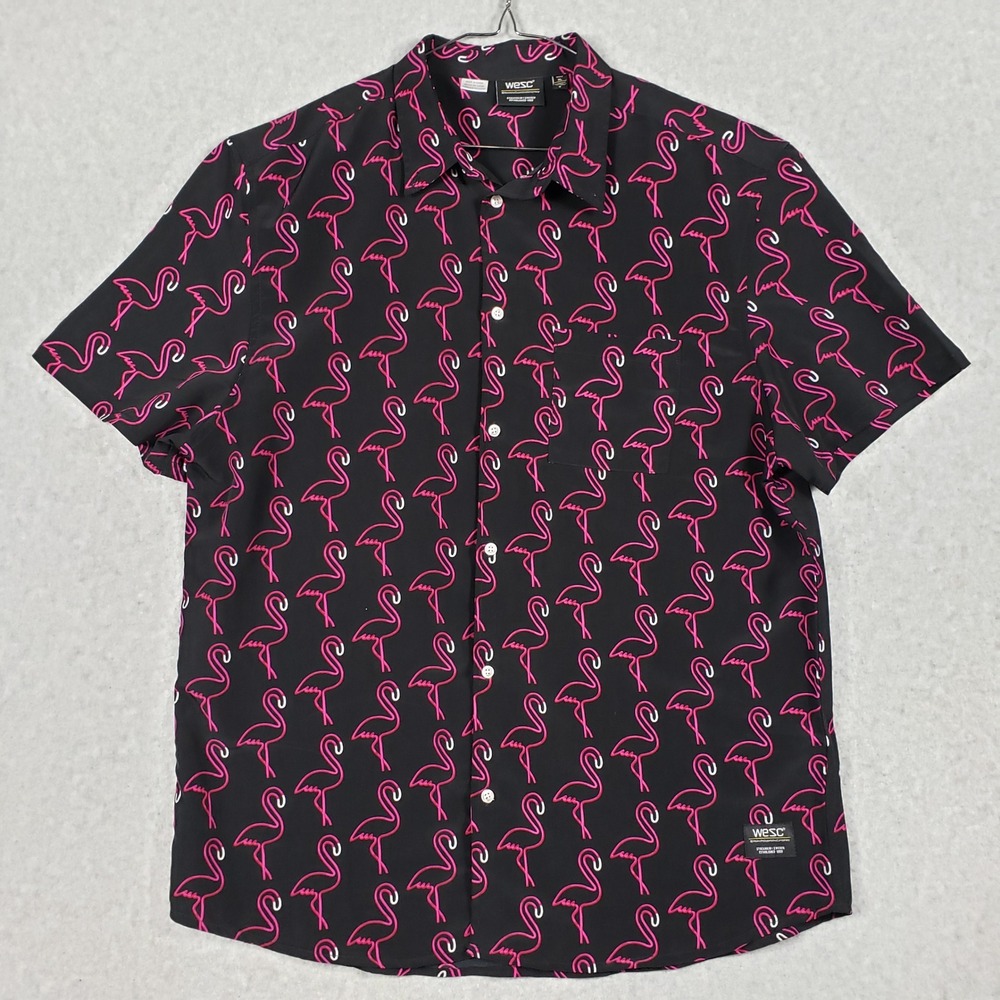 WESC Oden Neon Flamingo Black Short Sleeve Button Down‎ Shirt Mens XL